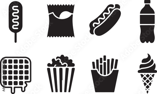 Silhouette icons of snack foods and drinks on dark background