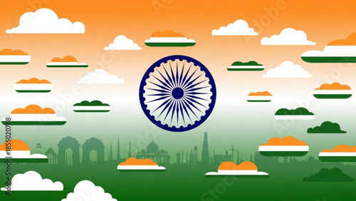 Indian flag colors illustration with ashoka chakra and cityscape background, independence day