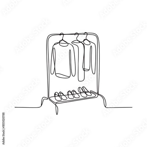 Minimalist line drawing of a clothing rack with garments and shoes