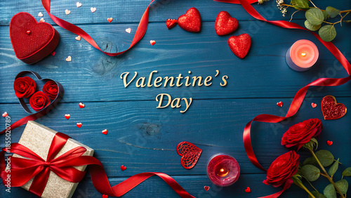 Red ribbon, gift box, hearts and valentine day greeting on dark blue wooden background celebrating gorgious love and romance.