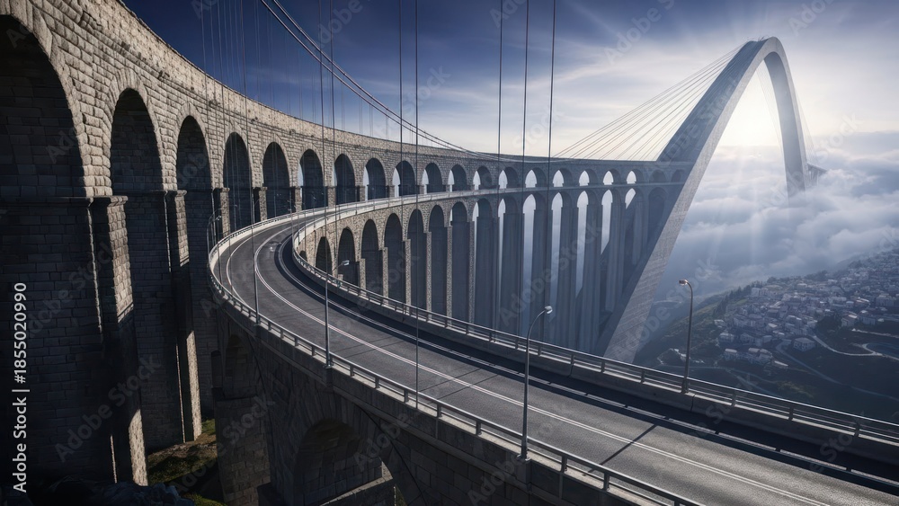 Obraz premium Dramatic arched bridge design against a cloudy sky perspective engineering