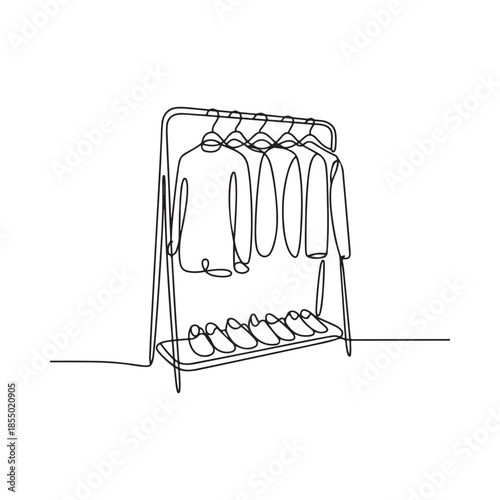 Minimalist line drawing of a clothing rack with garments and shoes displayed