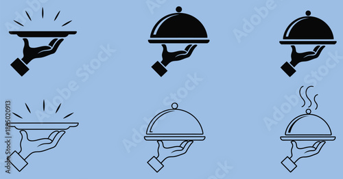 hand holding tray vector icons set with cloche serving dishes restaurant catering food service delivery vector illustration design elements.