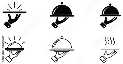 hand holding tray vector icons set with cloche serving dishes restaurant catering food service delivery vector illustration design elements.