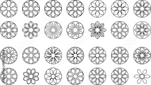 Elegant Circular Floral Mandala Ornament Set – Geometric Rosette Line Art Design Collection