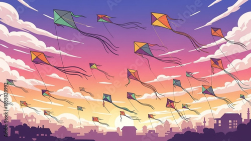 Colorful kites flying in the sky over a cityscape at sunset, vibrant illustration with pastel