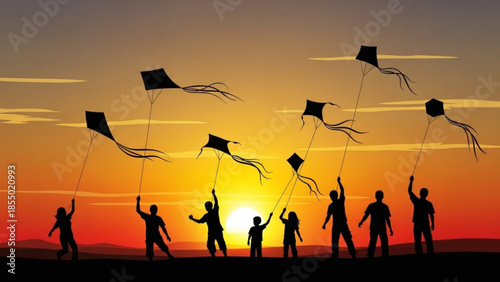 Group of people flying kites together at sunset with vibrant orange and yellow sky