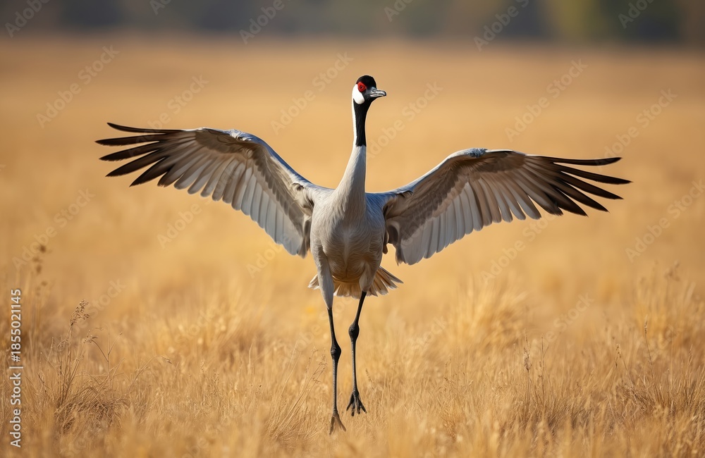 Fototapeta premium Black necked crane bird with outstretched wings stands in dry grass field. Avian species displays feathers against blurred golden background. Wildlife animal in natural habitat, foraging preparing
