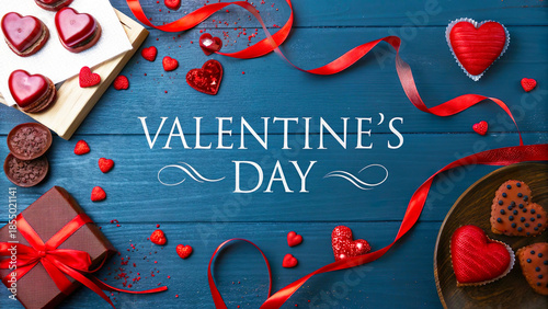 Red ribbon, gift box, hearts and valentine day greeting on dark blue wooden background celebrating gorgious love and romance.