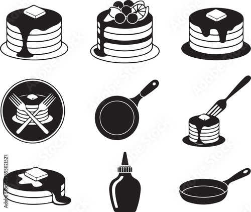 Stacked pancakes with syrup and butter fork and frying pan bottle vector