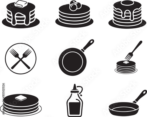 Stacked pancakes with syrup and butter fork and frying pan bottle vector