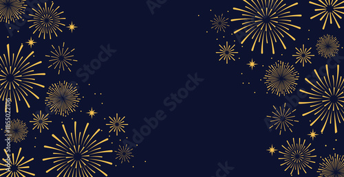 Elegant gold fireworks burst and sparkling stars on clean blue background, festive celebration illustration for New Year, holiday party, greeting card, luxury event design, minimalist style vector.