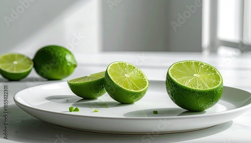Vibrant Green Limes Halved on a White Plate With Natural Sunlight Streaming Through a Window Creating Shadows and Highlights