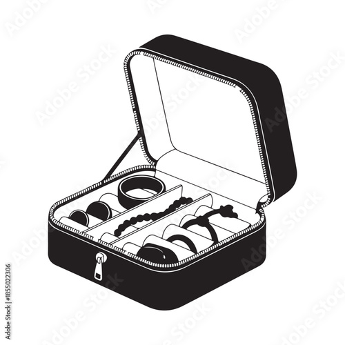 An open black jewelry case displaying rings bracelets and necklace items