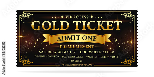 Design luxury gold ticket vector template for invitation, event, concert, music festival, movie festival, show, performance, etc.