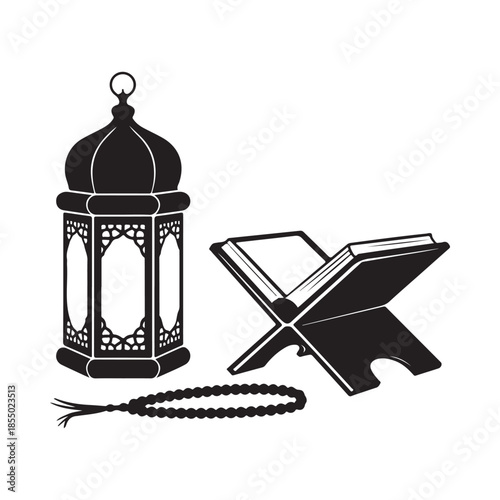 Ramadan symbols a lantern quran and islamic prayer beads illustration