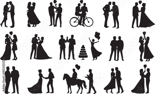 Wedding couple, bride and groom silhouette set