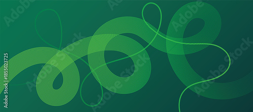 Abstract glowing lines on green background. Geometric stripe line art design. Modern green lines pattern. Background with Wave Rainbow Ribbons