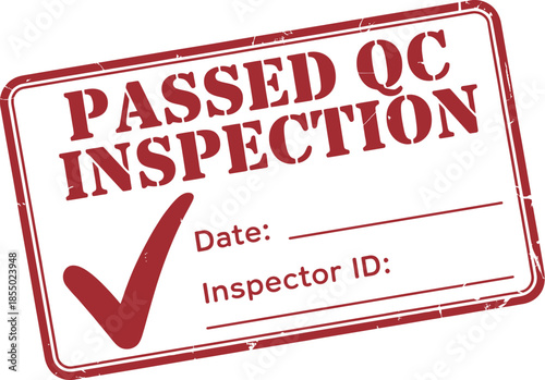 Vector illustration of a red grunge rubber stamp with Passed QC Inspection text, check mark, and blank lines for date and inspector ID.
