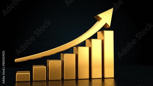 A striking 3D rendering displays a golden bar chart with a curving upward arrow symbolizing growth, success, and positive financial trends against a dark background.
