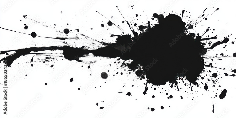 Obraz premium explosive black ink splatter erupting dynamically on crisp white backdrop with radiating spikes and scattered droplets capturing chaotic intensity perfect for grunge wallpaper or editorial overlay