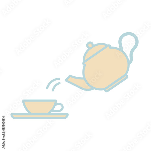 Simple pastel color teapot pouring tea into cup line art illustration