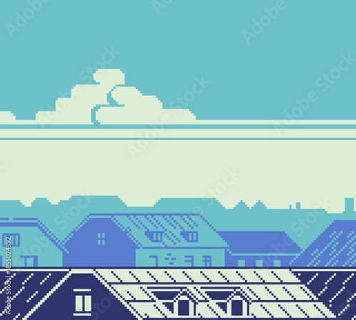 Pixel city rooftops scene with houses silhouettes, cloudy sky and calm urban atmosphere. Retro 8bit style background for side scrolling game, indie project.