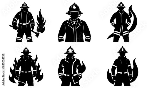 Six Firefighters Silhouettes with Flames on White Background rescue