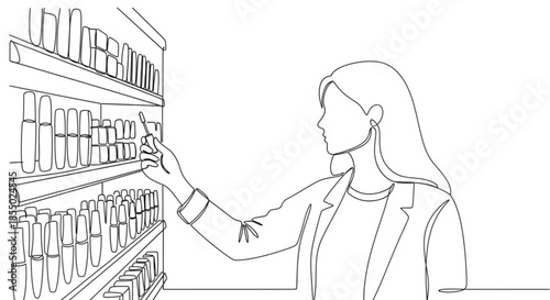 Woman selecting cosmetics from shelf in modern beauty store  