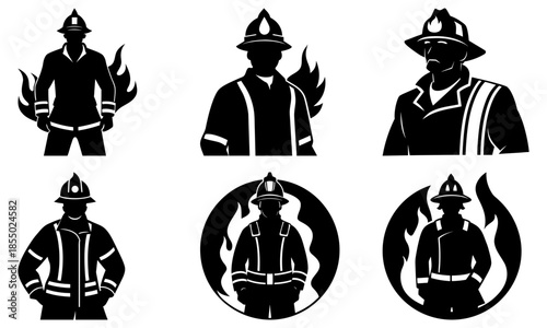 Firefighter Silhouettes with Flames on White Background helmet