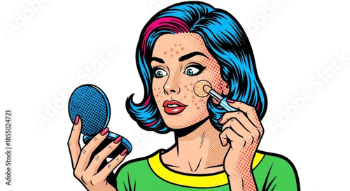 Young woman applying concealer while looking in mirror for acne  
