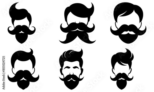 Six Silhouettes of Men with Mustaches and Beards on Transparent Background hair