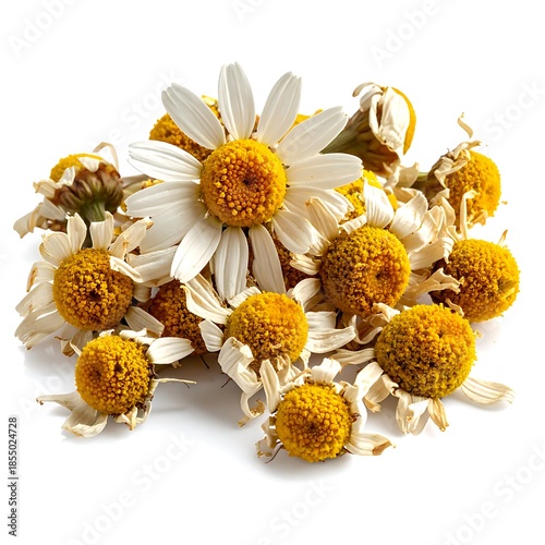Pile of chamomile flowers, some fresh, some dried, in bright light against a white background