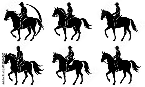 Six Silhouettes of People Riding Horses on a White Background rider equestrian
