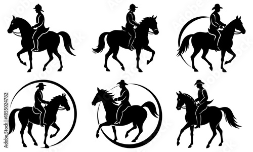 Silhouette of a person riding a horse in various poses with transparent background rider cowboy