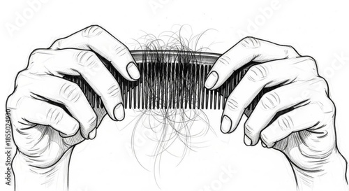 Hands holding a comb with broken hair strands visible  