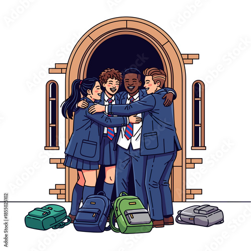 School friends embrace warmly, symbolizing friendship and unity. 