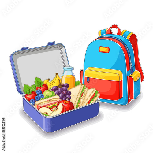 Lunch box filled with healthy food alongside a backpack, ready for a day of learning. 