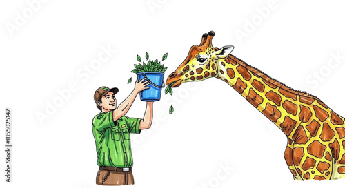 Zookeeper feeding giraffe with bucket of leaves in outdoor setting  
