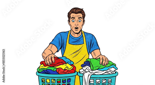 Man sorting laundry by color with surprised expression in home setting  