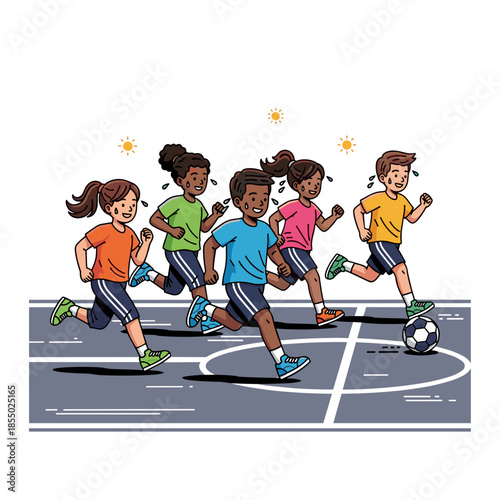 A team of children running a fast-paced game of soccer. 