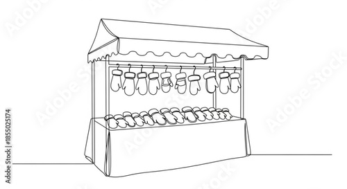 Market stand displaying woolen mittens in minimalistic style  