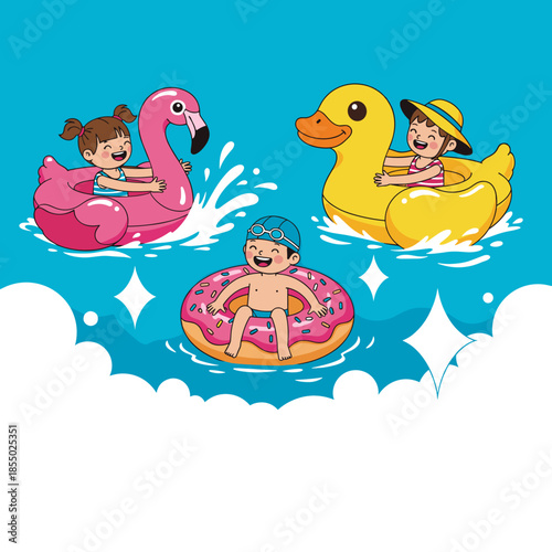 Happy children enjoy swimming with floating ring in the sea. 