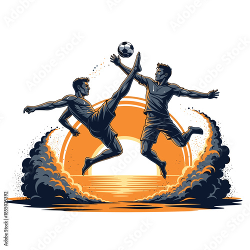 Two athletes dynamically engaging in a soccer match during a sunset. 