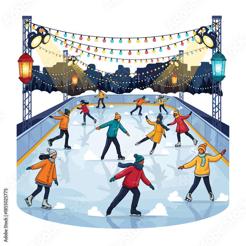 People ice skating on an outdoor rink decorated with lights. 