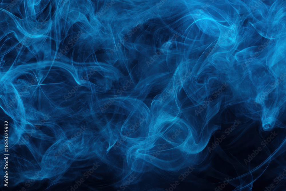Obraz premium abstract ethereal blue smoke wisps curling through midnight void creating mystical aura ideal for digital wallpaper and atmospheric banner with ample copy space