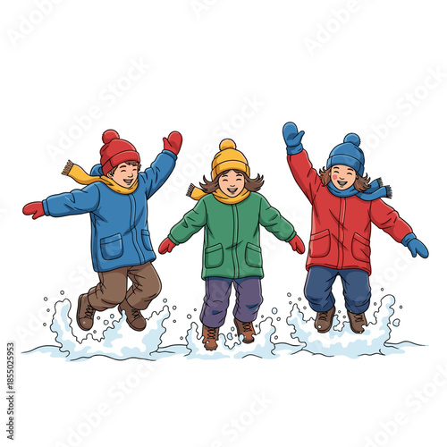 Three happy children playing in the snow during winter. 