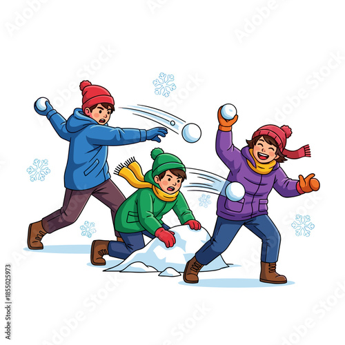A joyous illustration of children having a playful snowball fight. 
