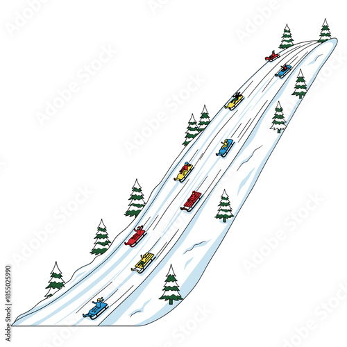A vibrant scene of a bobsleigh race down a snowy track. 