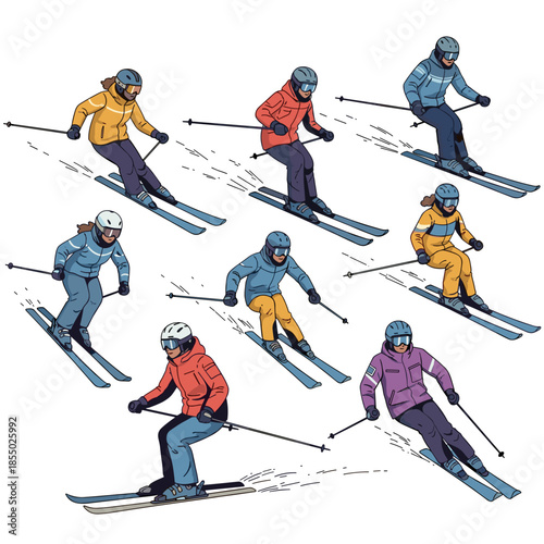A group of skiers gracefully gliding down a snowy slope.